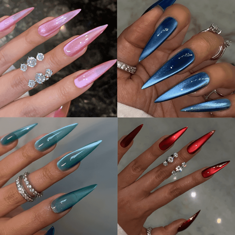 TEMU Set Of 96 Acrylic Press-on Nails In A 4-pack, Featuring Long, , High-heeled Designs With A -green Gradient Cat Eye Effect, Ideal For Everyday Wear And Festive Celebrations