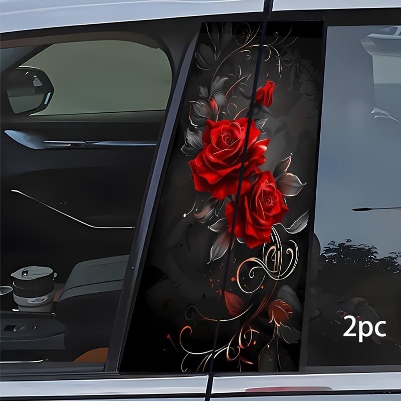 TEMU Set Of 2 Decals - Waterproof, Scratch-proof, Self-adhesive Glossy Red Rose And Black Swirl Decorative Stickers For Car Door Pillars, Made Of Vinyl