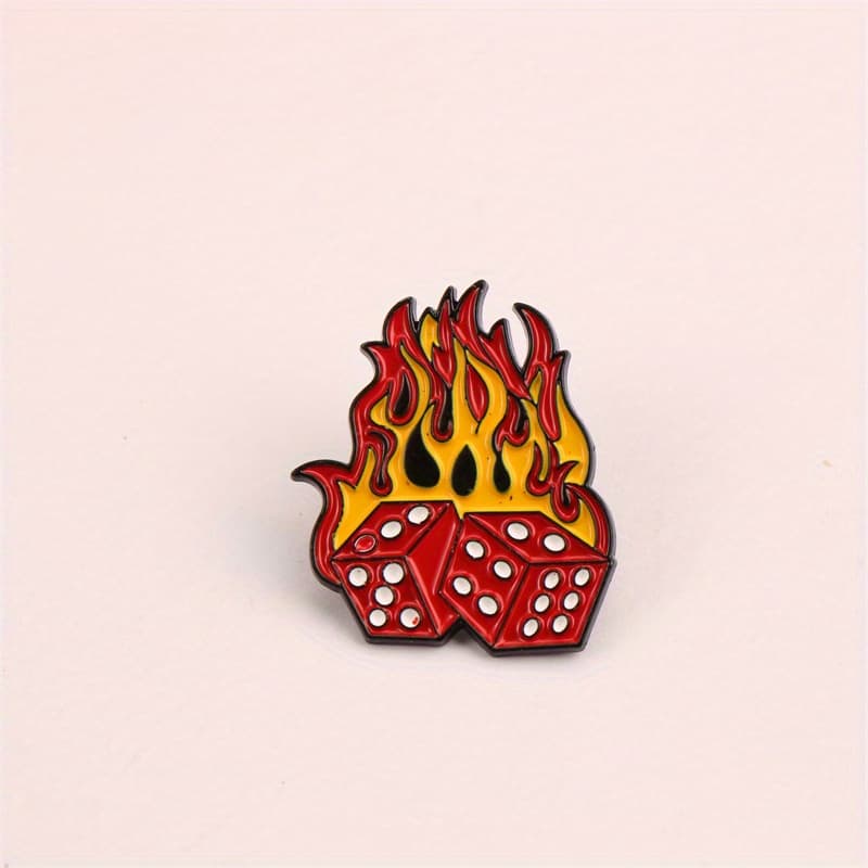 TEMU Edgy Flame & Dice Enamel Pin - And Fashion Accessory, Alloy Material, Parties And Casual Attire