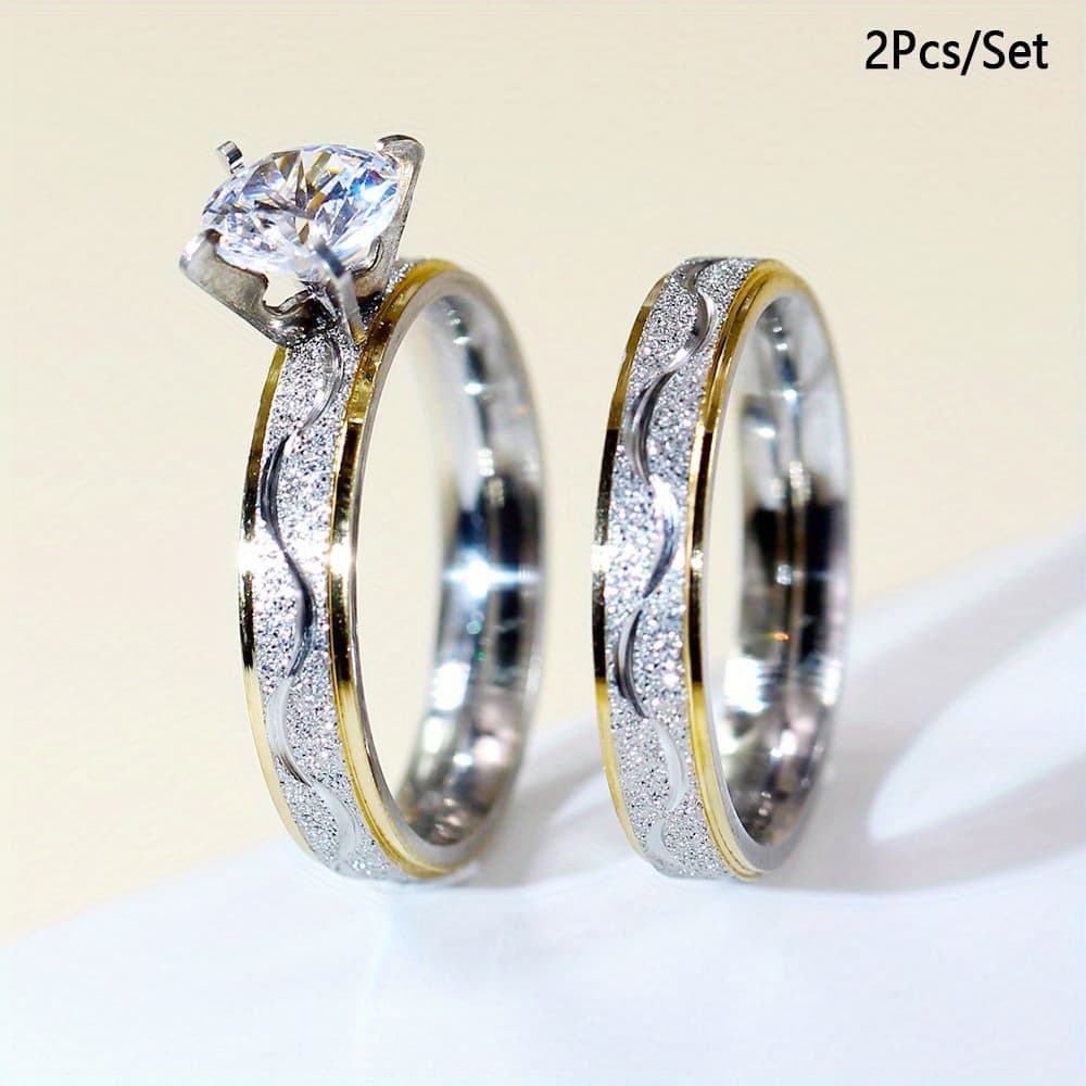 TEMU Set Of 2 Romantic Titanium Steel Inlaid Sparkling Synthetic Zirconia925 Silver-plated Couple Rings - For Wedding And Engagement