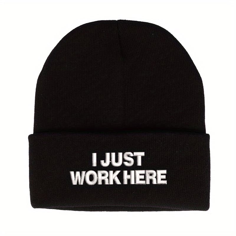 TEMU I Just Work Here Embroidered Beanie Hat - Heavyweight Acrylic With Funny Workplace Phrases, Fits Most (stretchy), Hand Washable Winter Hat For & Suitable For Work, Gifts, Casual Wear