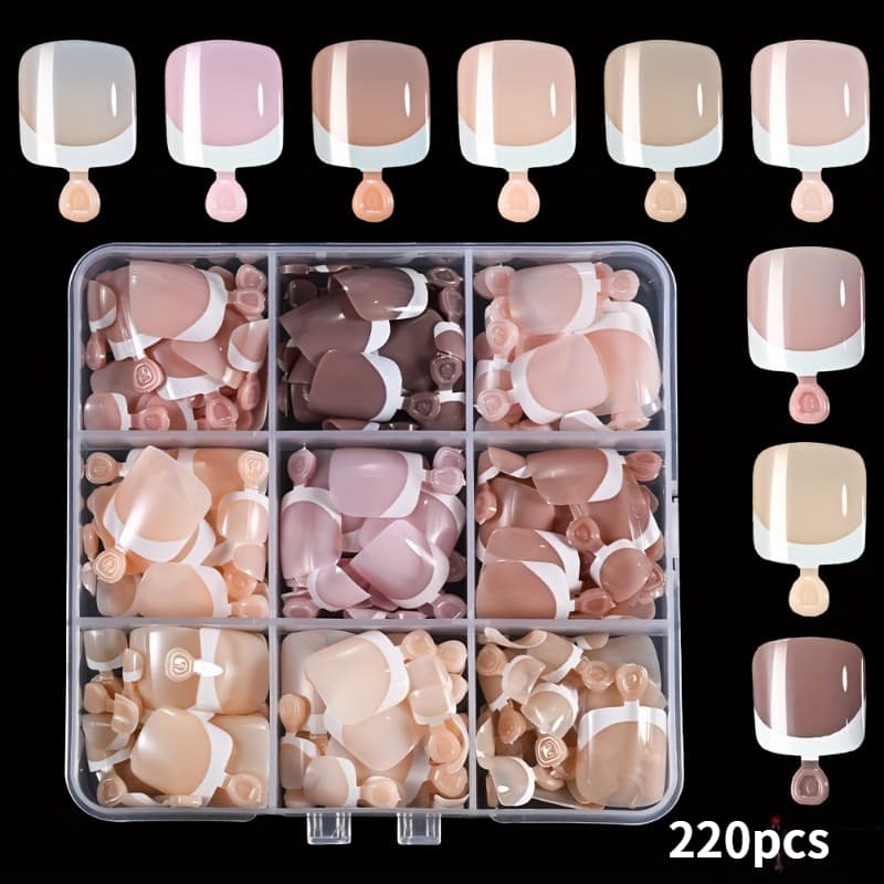 TEMU 220pcs White Style Fake Toenails - Glossy Color Short Square - Fully Covering Summer Women's Fake Nails, Exquisite Foot Nails, Convenient And Easy To Apply, Long-lasting And Beautiful