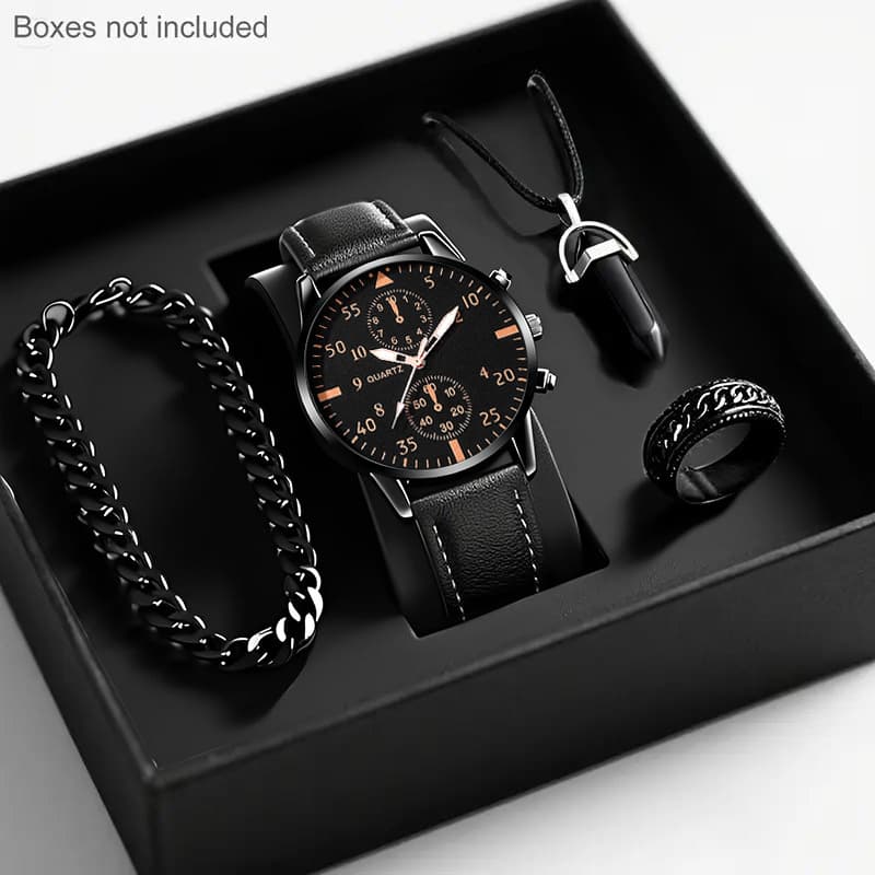 TEMU 4pcs Men's And Watch Gift Set - Quartz Round With Coordinating Necklace, Ring, And Bracelet Ideal For Valentine's Day, Christmas, And Eid Presents - Accessory For Him