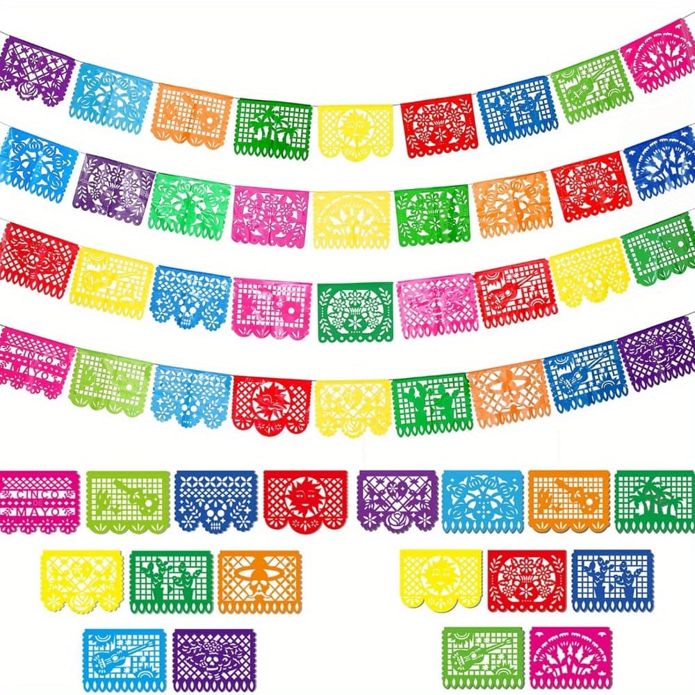 TEMU 4 Packs Mexican Party Banner Fiesta Plastic Papel Picado Banner De Mayo Dia De Los Muertos Decor Decorations Mexican Fiesta Themed Party Decorations Supplies