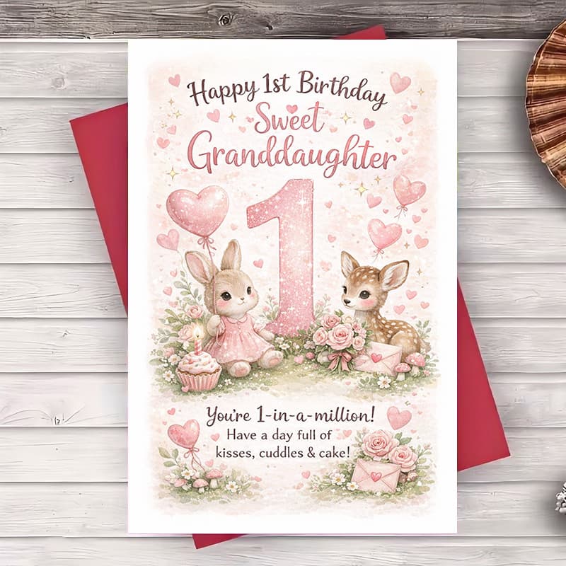 TEMU 2pcs First Birthday Card For Granddaughter | Cute Bunny And Deer Design, Perfect For And Keepsake Gift For Grandparents And , Paper Material, English Language