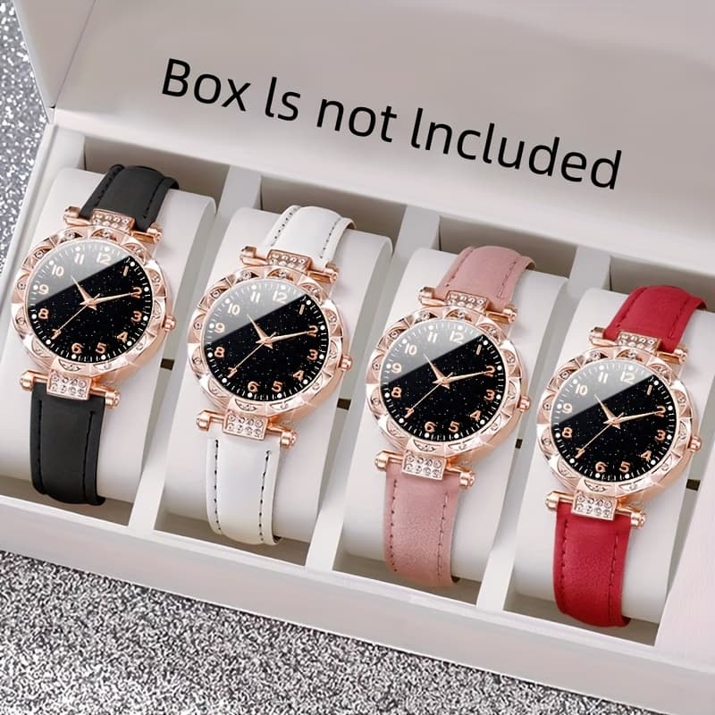 TEMU 4pcs/set Women Quartz Watch Set- Rose With Pu Leather Strap, Display, Fashion Watch Accessories, For Outfits