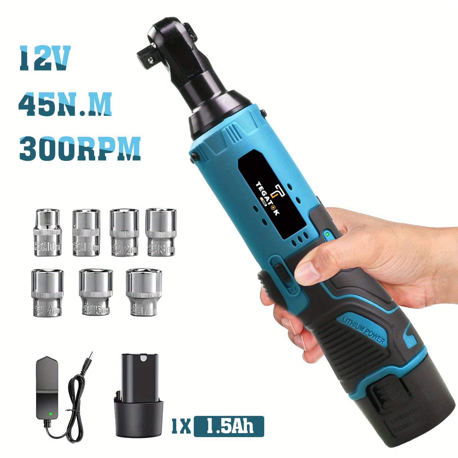 TEMU [12v Electric Ratchet Wrench] 33 Ft-lbs Electric Ratchet Wrench Cordless Set, 3/8" Variable Speed Trigger, 2pcs Lithium-ion Batteries, 7 Sockets, Fast Charge