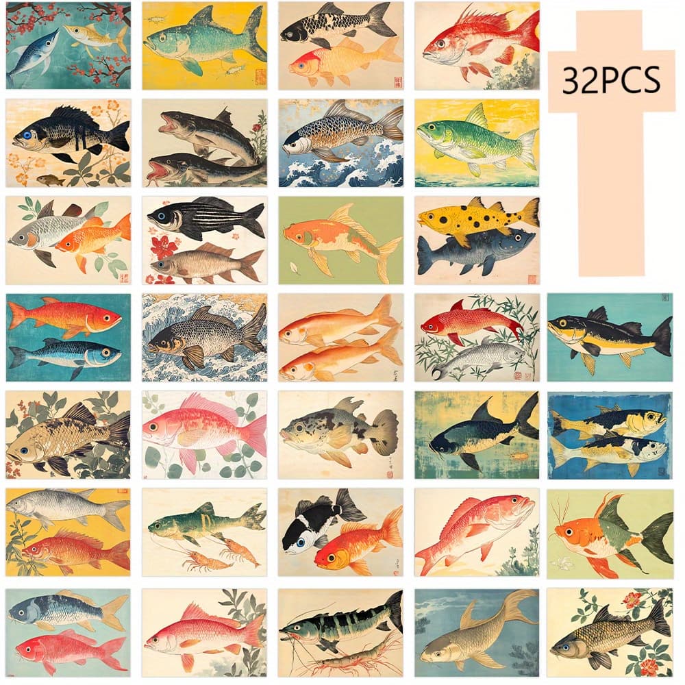 TEMU 32pcs Of Vintage Japanese Postcards In -e Style, Perfect For Fish Enthusiasts' Collections, Ideal As Birthday Or Commemorative Gifts, Living Room Decor Cards And Stickers For Bedroom Decoration