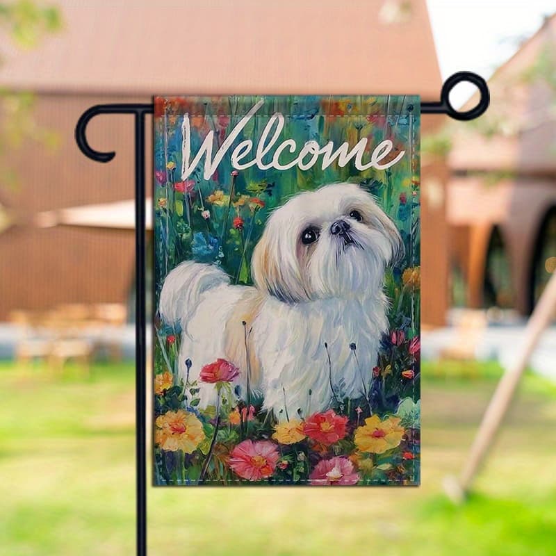 TEMU 1pc Double-sided Garden Decoration Flag Featuring An Adorable Shih Tzu Gazing In A Flower Bed, Perfect For A Vibrant And Inviting Garden Ambiance