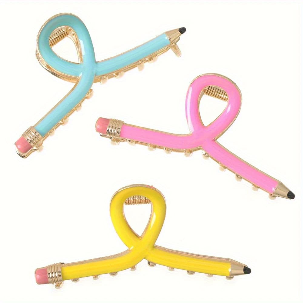 TEMU 3 Women's Pencil Hairpins-, Pink, Light Blue Metal Clip For Thick Hair, Teachers' Day Gift, Party & Christmas Dress Up Accessories, , Colored Pencil Styling