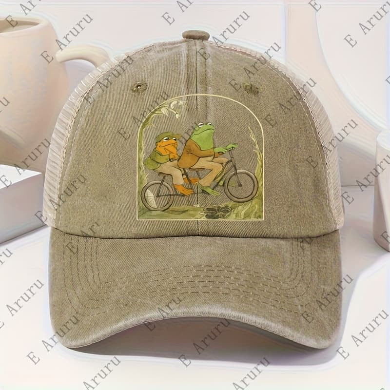 TEMU Vintage Frog & Toad Book-inspired Baseball - Adjustable Strap & Breathable Mesh Back, Lightweight Maroon With Iconic Frog & Toad Riding Print, Casual Literary Hat For Fans Of Classic 's Stories