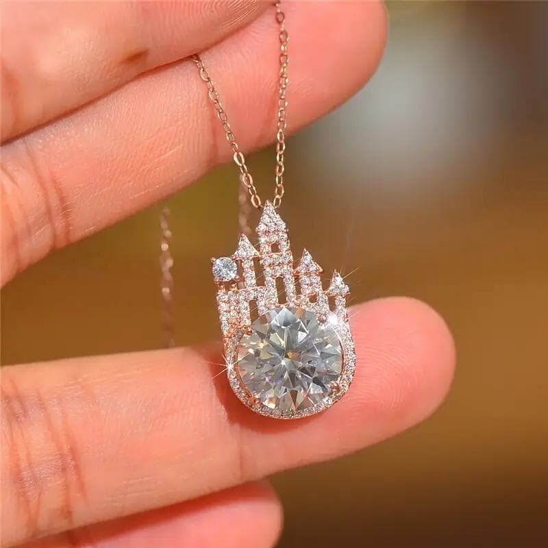 TEMU Women' Castle Pendant Necklace With Micro- Synthetic Zirconia - April Birthstone Suitable For Daily Wear, Birthday Gifts, Valentine' Day & Special Occasions, Elegant Micro-pave Collarbone Chain