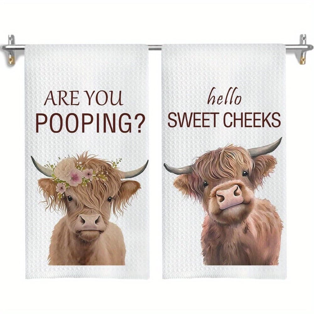 TEMU 2pcs Hello Sweet Cheeks Highland Cow Hand Towels, Cow Bathroom Decor, Funny Farmhouse Hand Towels For Bathroom Toilet Washroom, 16x24 Inches Set Of 2