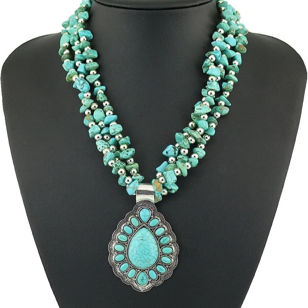 TEMU Bohemian Vintage Turquoise Natural Gravel Necklace - Retro Style Alloy Jewelry For Casual Attire Or Gift, Accessory