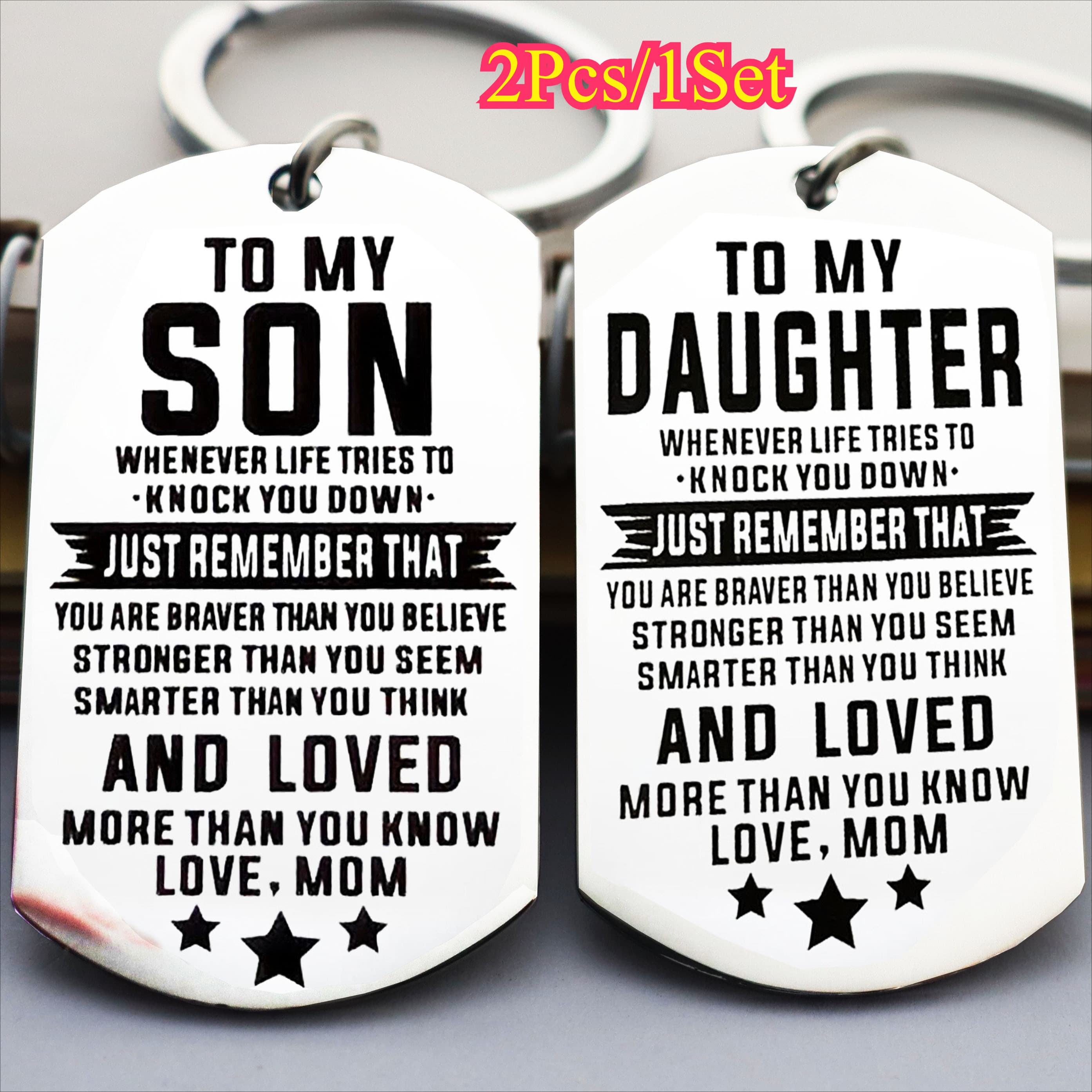 TEMU 2pcs Inspirational Keychain Set For Son & Daughter From Mom - Durable Stainless Steel, Vintage Dog Tag Design With Motivational Message, Perfect Bag Charm & Purse Accessory Gift For Women