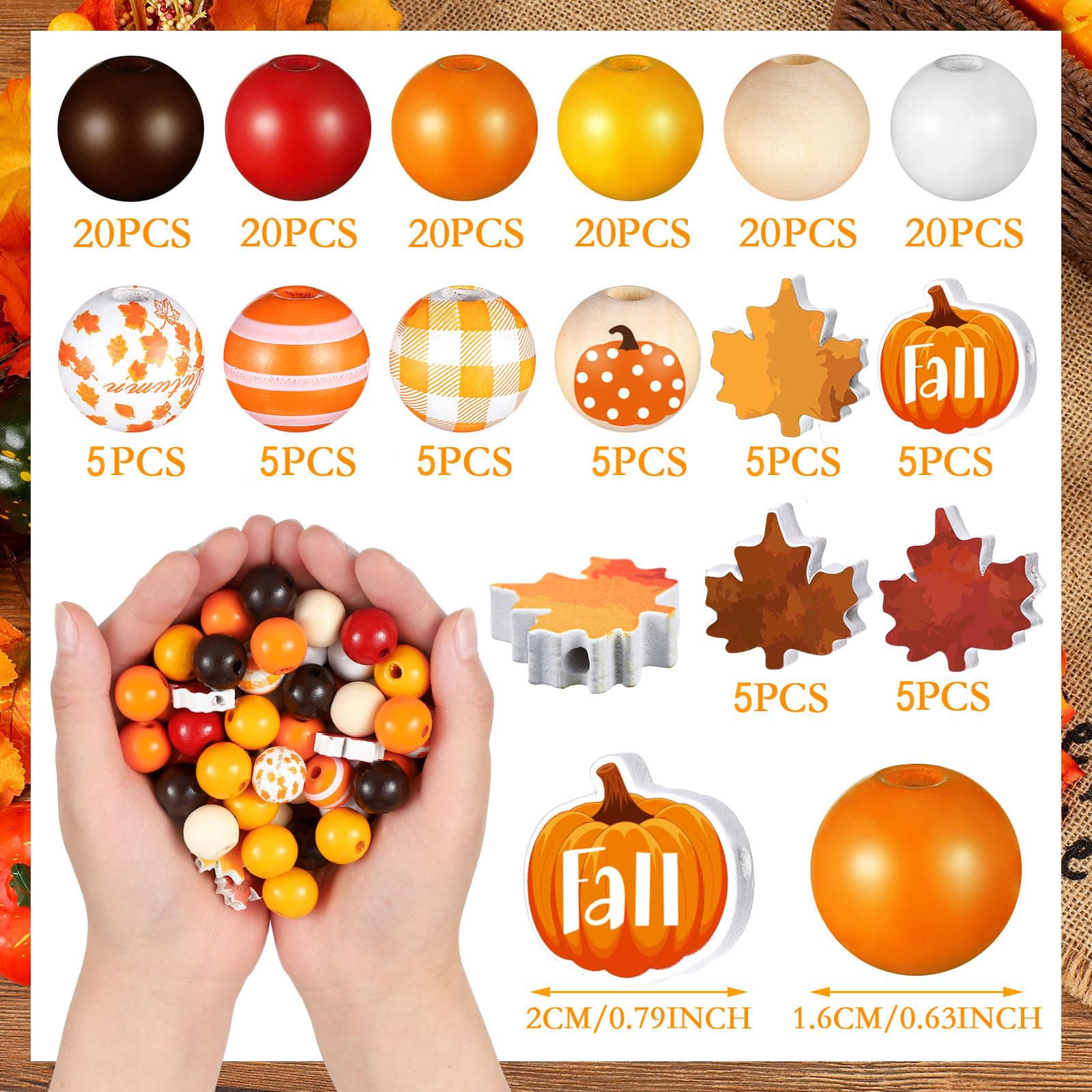 TEMU 160pcs Autumn Wooden Beads Set - Thanksgiving Pumpkin, Maple Leaf, Gnome, Patterns - Colorful Craft Beads For Jewelry Making, Home Party Decor, Diy Holiday Ornaments