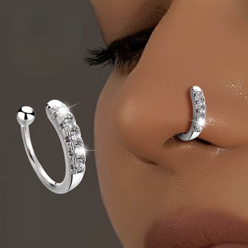 TEMU 1pc Bohemian Artificial Nose Ring, Ladies Earrings 925 Silvery Plated, With Cubic Synthetic Zirconia, No Piercing Needed, Fashion Hip Hop Accessories Clip-on Earrings