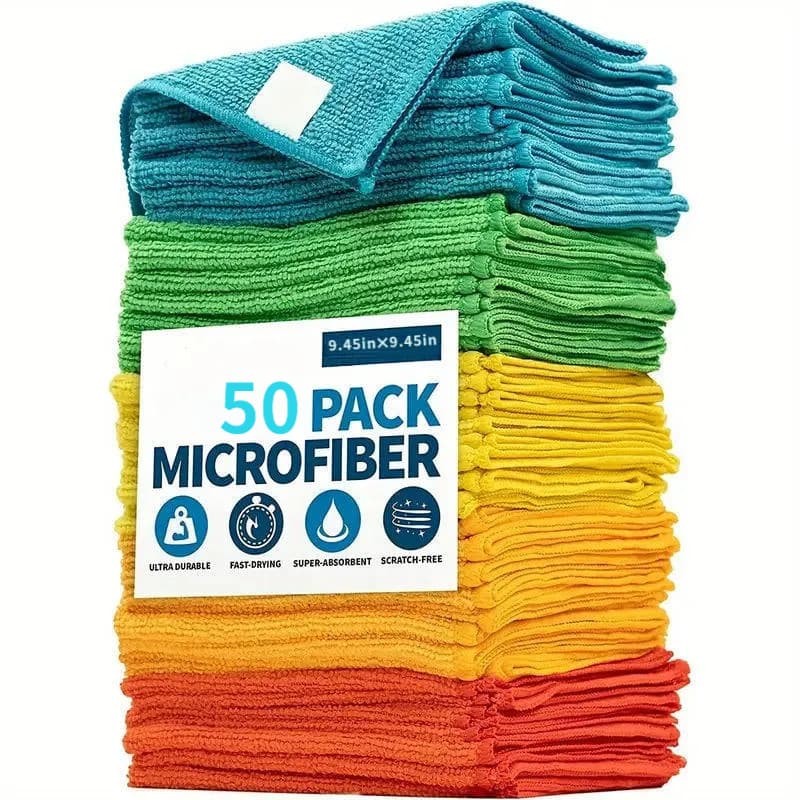 TEMU 50-pack Random Color Multipurpose Cleaning Cloth Set: Super Absorbent, & Reusable For Kitchen, Bath, Living Room & Furniture. Durable Microfiber Value Bundle. Cleaning Cloth, Reuse, , Edges.
