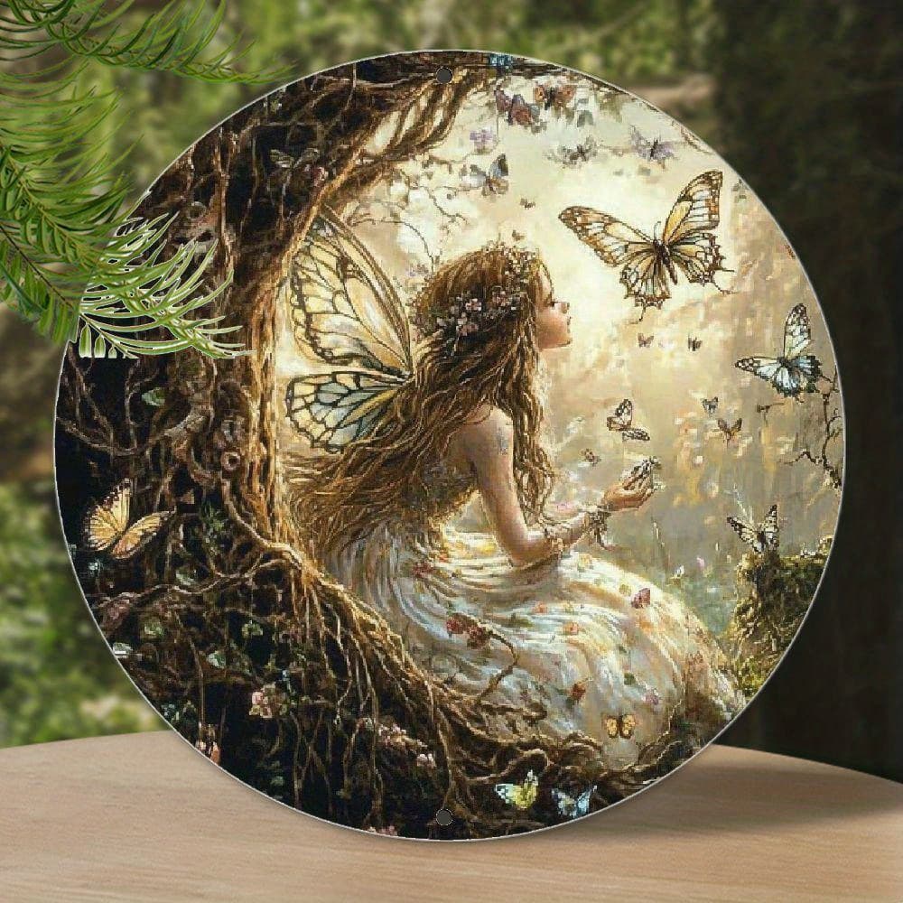 TEMU Fairy And Tree Elf Aluminum Wall Decor, 8 Inch Round Metal Sign, Waterproof And Uv Resistant, Indoor And Outdoor Decor With Pre-drilled Holes - 1pc
