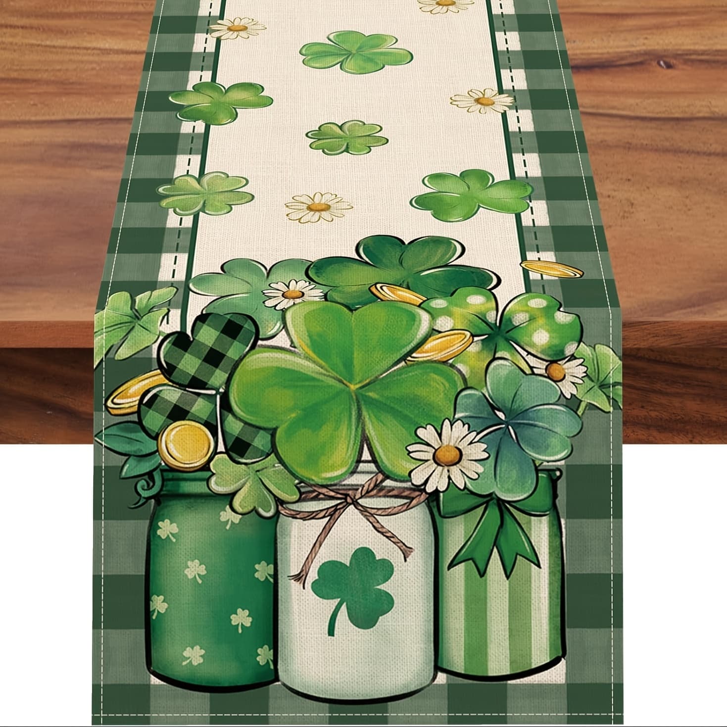 TEMU 1pc Linen 's Day Clover Table Runner | Shamrock Mason Jar Daisy Farmhouse Kitchen Dining Table Decor, Golden Irish Decoration Indoor Outdoor Party Supply 13x48/13x72/13x108/inch, Linen Fabric