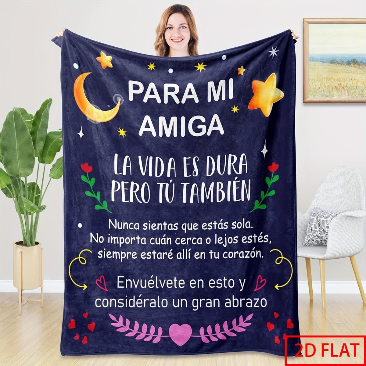 TEMU 2d Flat Printed 1pc And Encouragement Message Printed Blanket With Moon Element For - Perfect Gift Suitable For Living Room, Bedroom, Outdoor Portable Throw