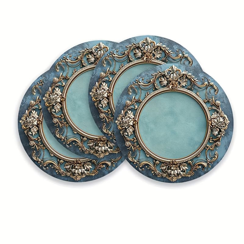 TEMU 4pcs Large Round Placemats Baroque Turquoise & Golden - Elegant Table Mats With Intricate & Floral Patterns, Table Decor Suitable For Dinner Parties, Special Occasions, Everyday Use