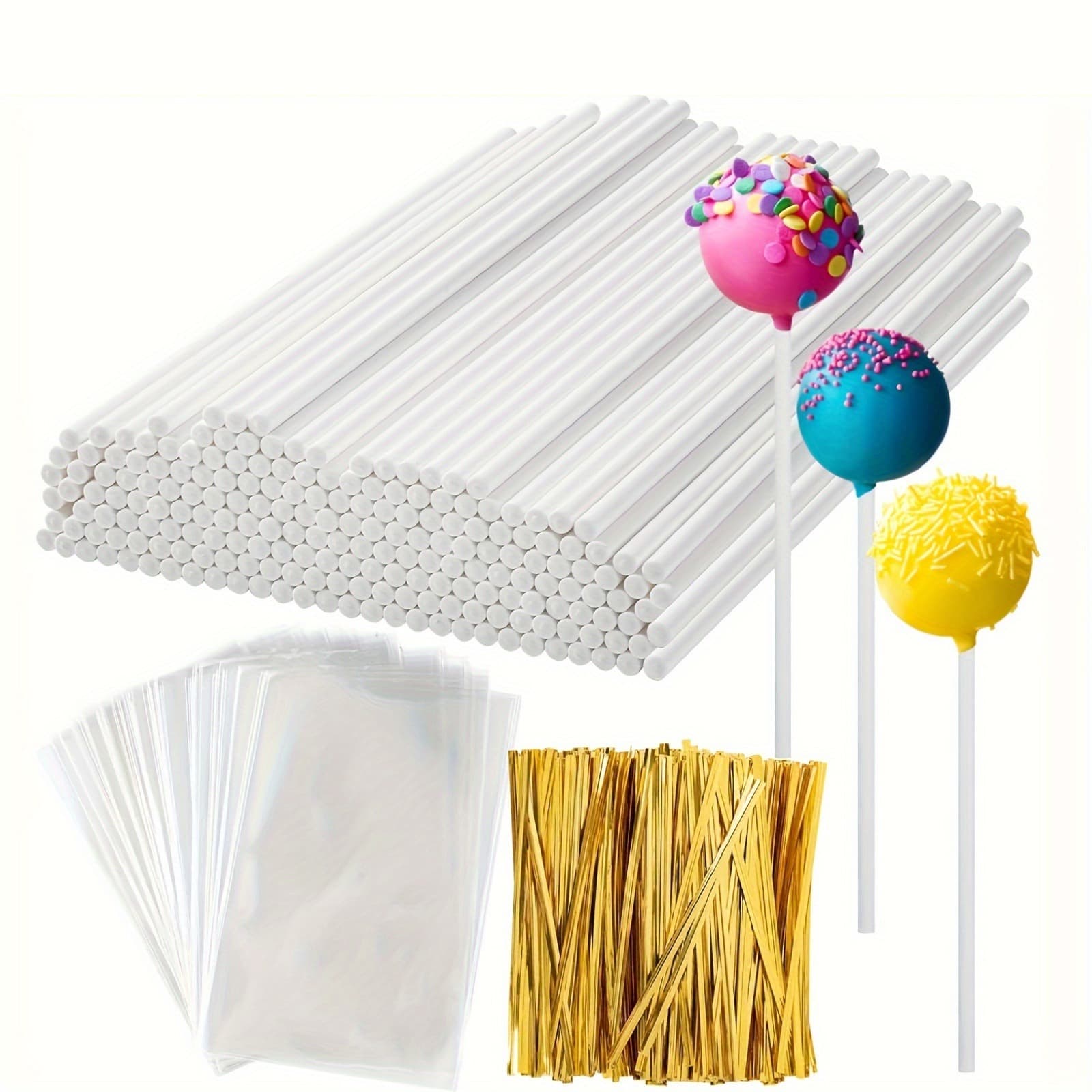 TEMU Set Of 297 (3.5-inch) Lollipop Cake Pop Treat Bags | Includes Plastic Bags, Sticks, And Golden Metallic Twist Ties - Ideal For Packaging Candy, Chocolates, And - Skin-safe & Non-toxic