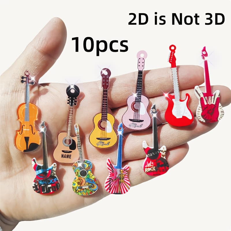 TEMU 2d Flat, 2d , 10pcs Mixed Color 2d Acrylic Pendants Featuring Guitars, , And Ukuleles. Suitable For Diy Earrings And Jewelry-making Accessories, Perfectly Matching Party Themes, 2d Flat
