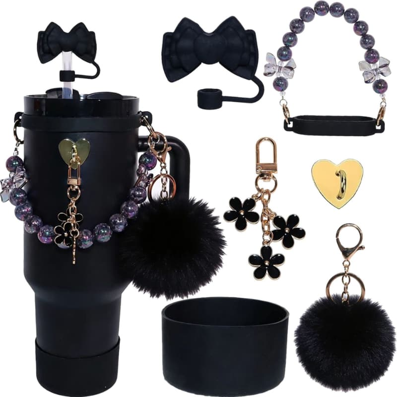 TEMU 6pcs/set 40oz Water Bottle Accessories Kit, Includes Silicone Straw Cover Rubber Cup Ring Pearl Chain Keychain Bottom Protector Strap Silicone Flower Handle Flower Chain Pom Pom