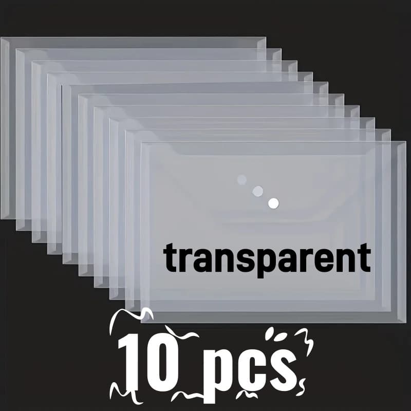 TEMU 10pcs Classic A4 Transparent Plastic File Envelopes With Snap Closure, Pp Material Office Document Organizer Bags For Storage An