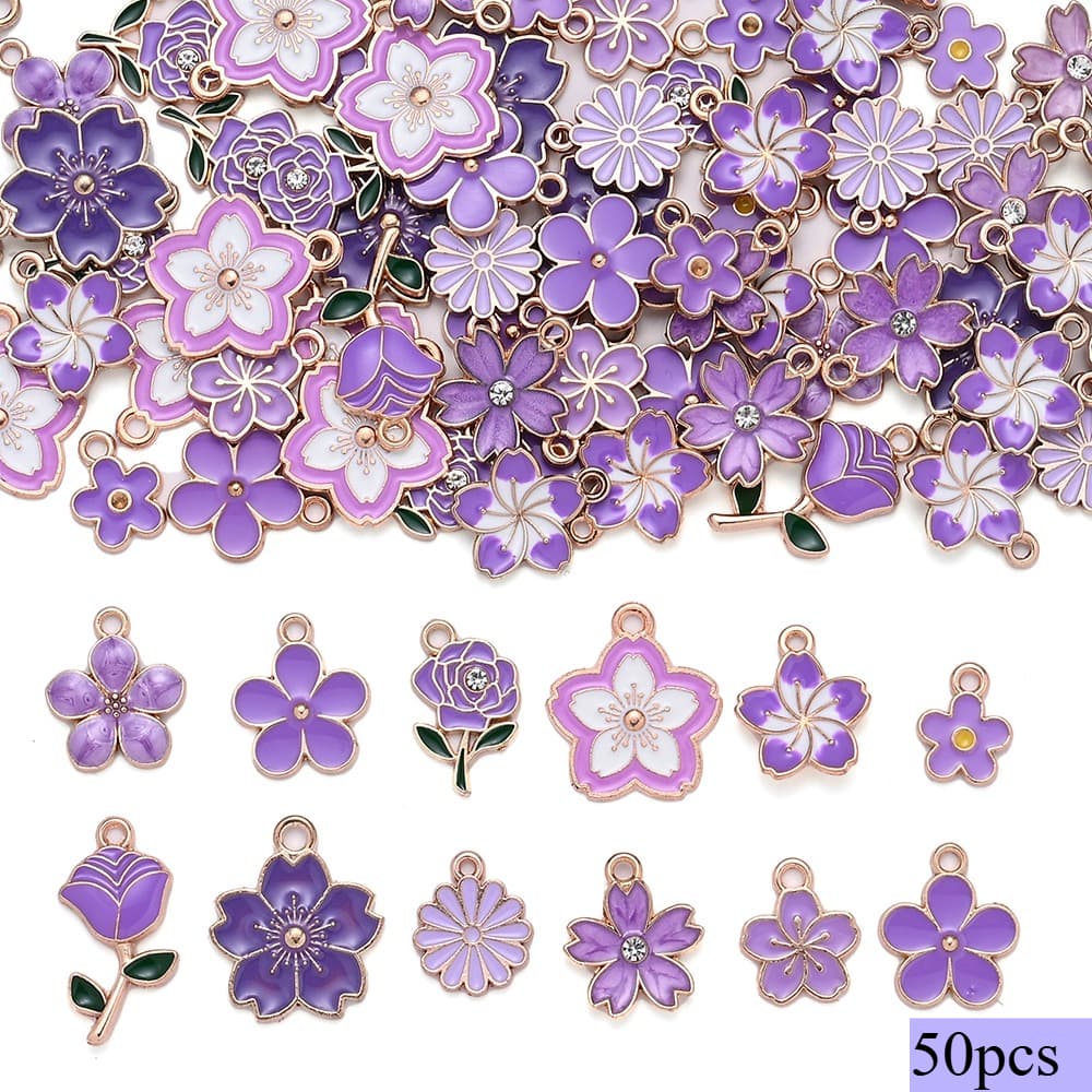 TEMU 50pcs Purple Flower Pendants, Alloy Charms In Assorted Designs For Jewelry Making, Necklace Bracelet Earring Keychain, Beginner-friendly