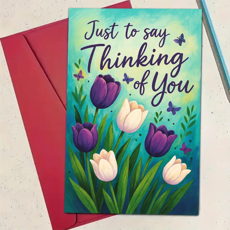 TEMU 1pcthinking Of You Greeting Card With Purple And White Tulips Perfect For Or To Show Care And On Any Occasionenvelope + Card