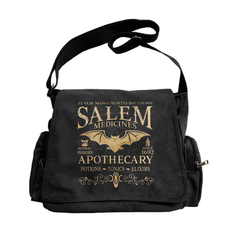 TEMU A Spacious Retro Messenger Bag For Valentine's Day, Featuring A Flip- And Colors. It Showcases A Salem Pharmacist Bat Motif Along With Vintage Text