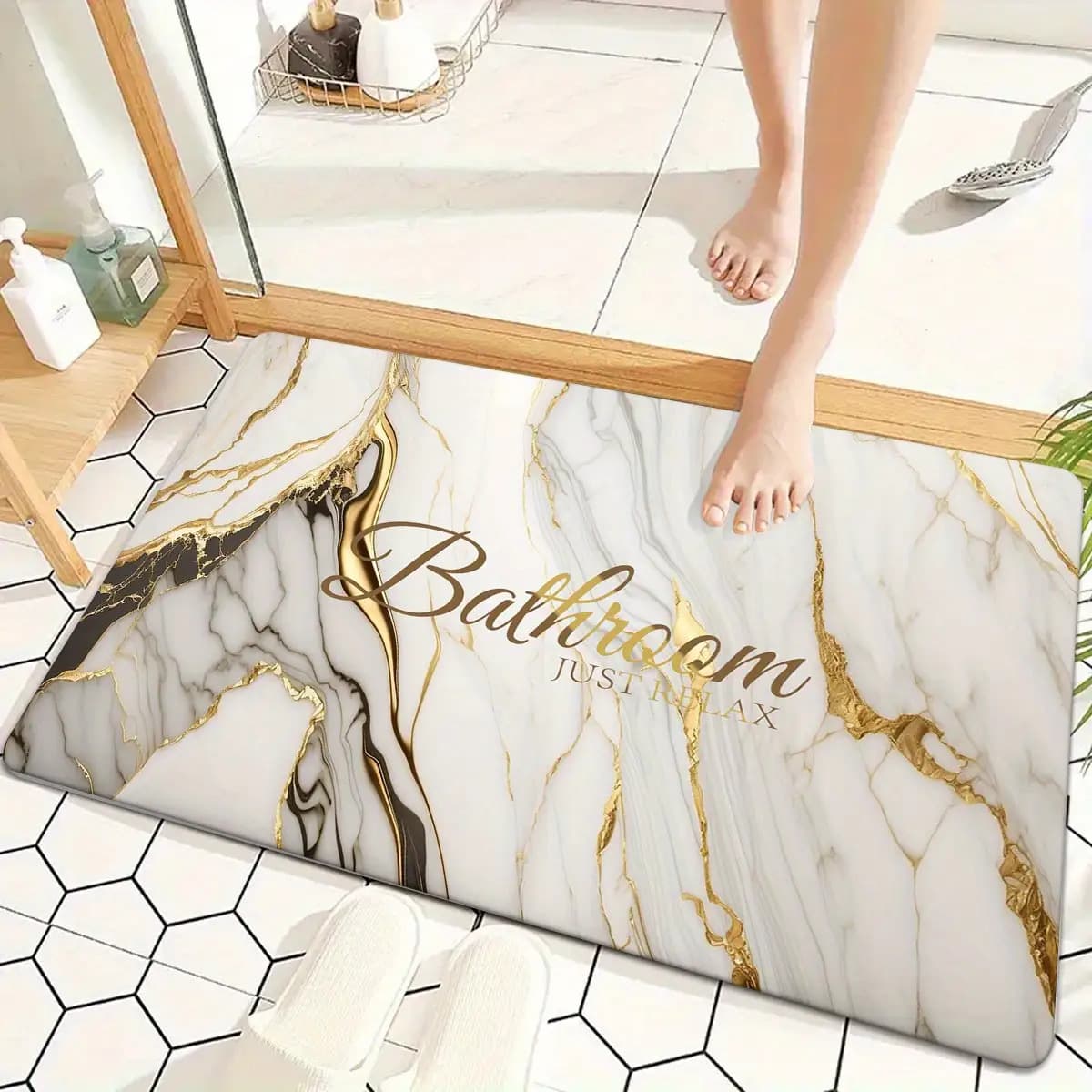 TEMU 1pc Soft Bathroom Rug, White Flowing Sand Letter Pattern Soft Bathroom Absorbent Toilet Door Household Quick- Floor