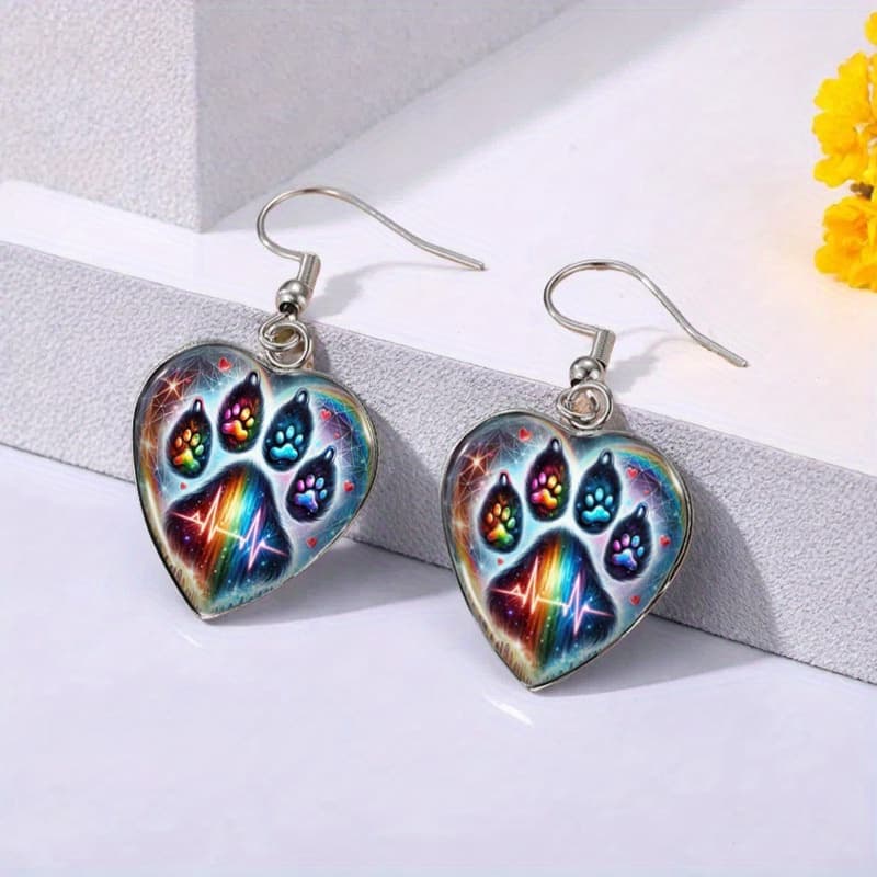TEMU Fashionable Colorful Dog Minimalist Style Heart-shaped Earrings, Glass Pendant, Fashionable Jewelry Gift