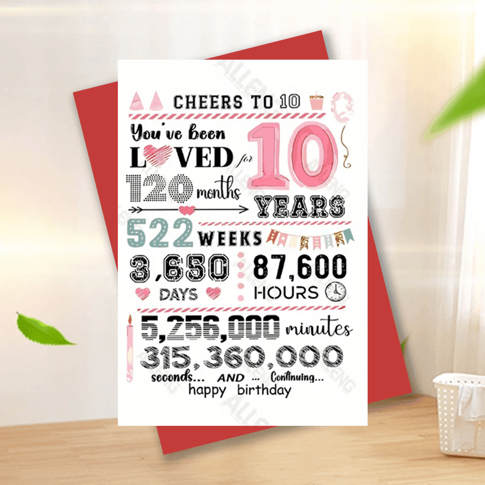 TEMU 1pc Birthday Card - 10th Birthday Celebration - 10 Years/120 Months/522 Weeks Themed Birthday Card With Envelope - Birthday Wishes - Birthday Card For All Ages, 6.3 X 4.33in With Envelope