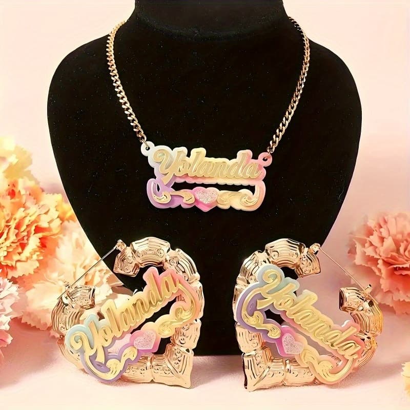 TEMU Customized Acrylic Name Necklace And Earring Set Cute Personalized Letter Nameplate With Heart Shape, Bamboo Details, Christmas Gifts For Weddings And Special Occasions (customization English)