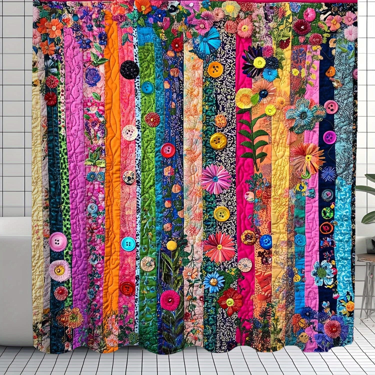 TEMU Vintage Striped Floral Print Shower Curtain With 12 Hooks, Includes Window Curtains