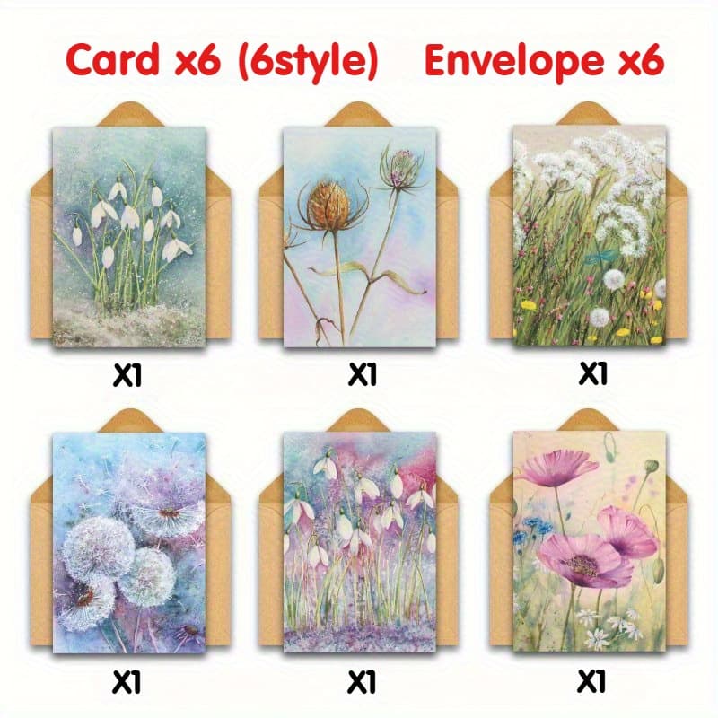 TEMU 12pcs Beautiful Pastel Watercolor Floral Cards With Envelopes, Suitable For Occasions Including , Thank You, Birthday, Condolences, Weddings, Brothers, Sisters, And Father's Day