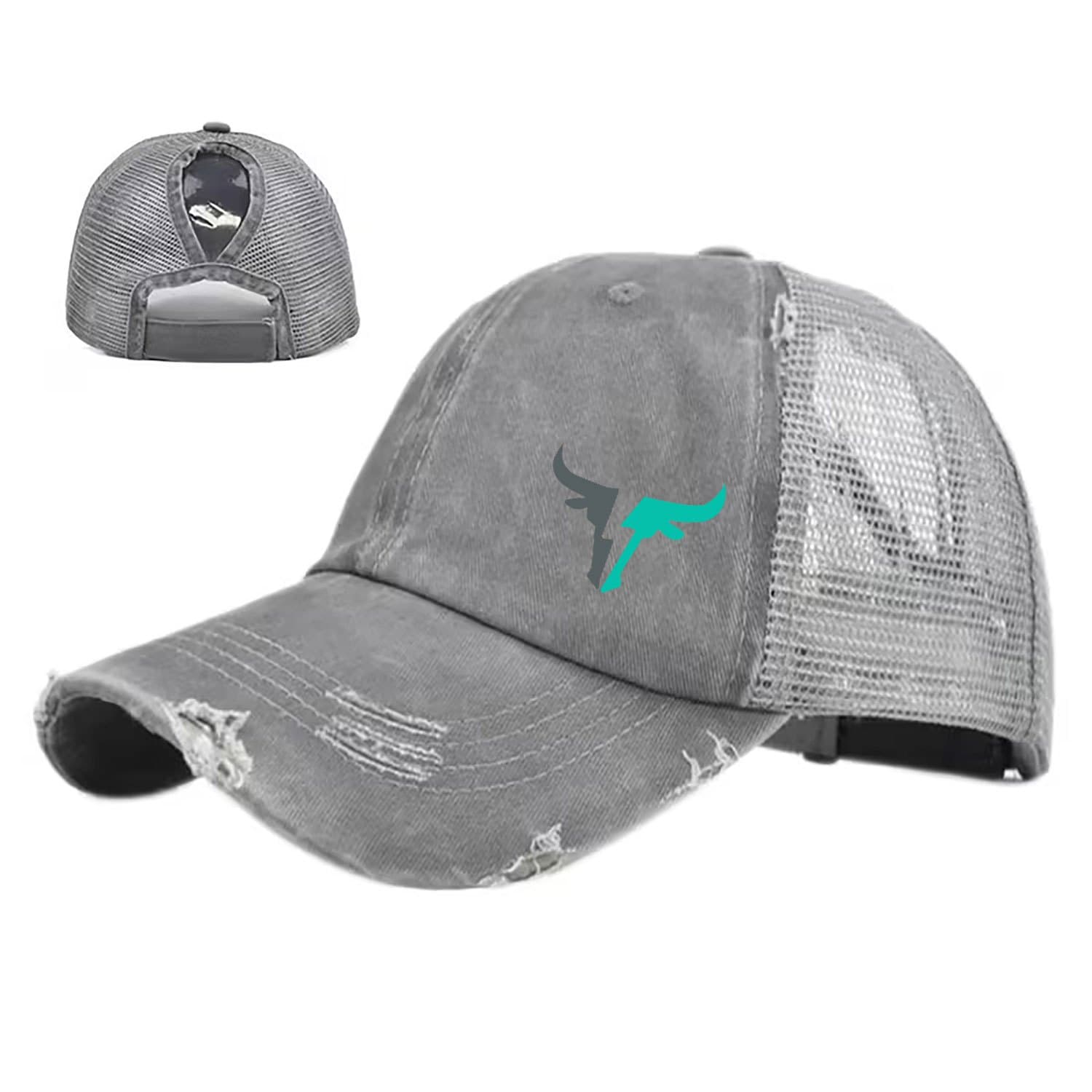 TEMU Washed Baseball , Ponytail With Bull Pattern, Trendy Curved Brim Mesh , Spring And Summer Women's Outdoor Sports Sun Hat