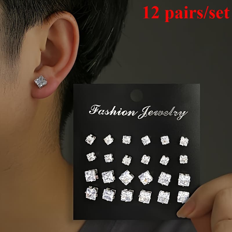 TEMU 12 Pairs/ Sets Of Stylish And Easy Inlaid Square Synthetic Synthetic Synthetic Zircon​​ Men's 316l 316l Stainless Steel Earrings, Holiday Banquet Jewelry Additions, Gifts