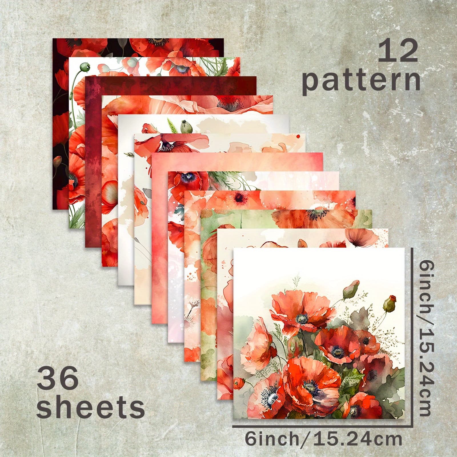 TEMU 36 Sheets Of 6-inch American-style Poppy Large Flower Red Background Paper, Suitable For Bullet Journal Junk Magazine Greeting Card Background Photo Album And Handicrafts