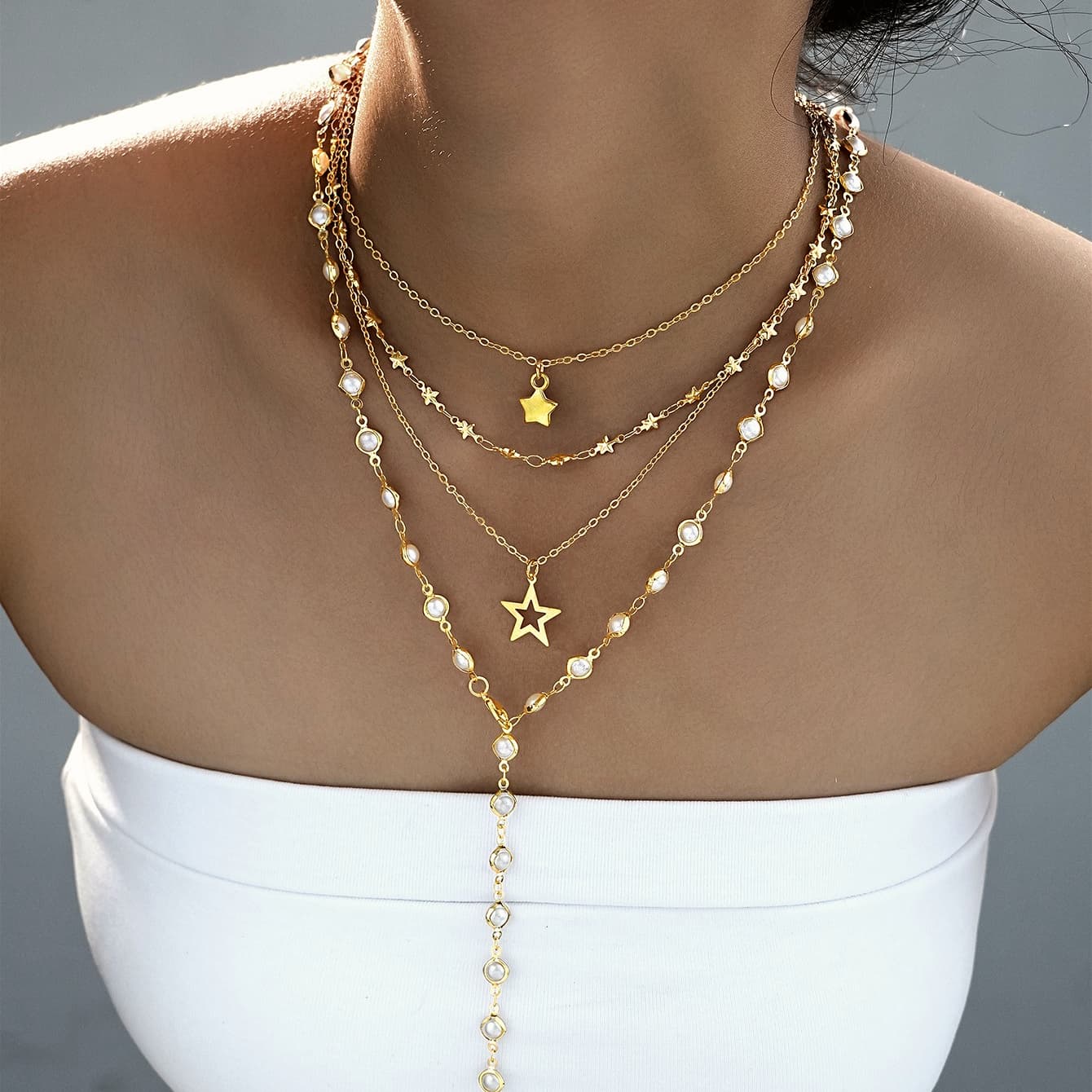 TEMU Trendy Autumn : 4pcs Women's Necklace Set Y-shaped Long Necklace Five-point Star Pendant Fashion Staple Stackable Necklaces For Everyday Gathering Banquet Celebratory W
