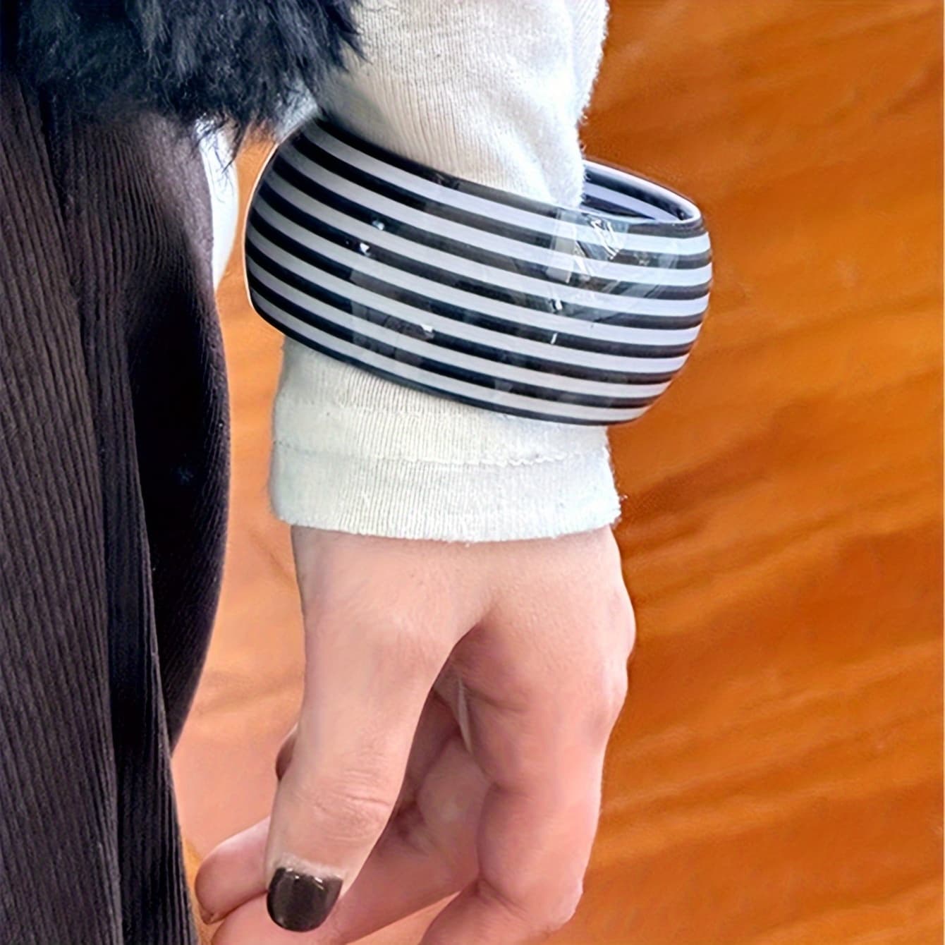 TEMU 1pc Bohemian Style Black And White Geometric Striped Wide Resin Open Bangle - Lightweight And , Suitable For Vacation, Daily Wear, And Fashion, Casual Accessory, Smooth Texture