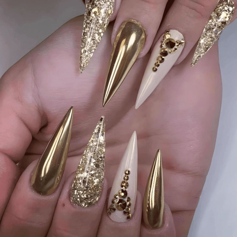 TEMU Luxury Press On Nails Long Stiletto Fake Nails Golden Chrome Design Glue On 48pcs Bling Goth 48pcs Shiny Full Cover Acrylic False Nails