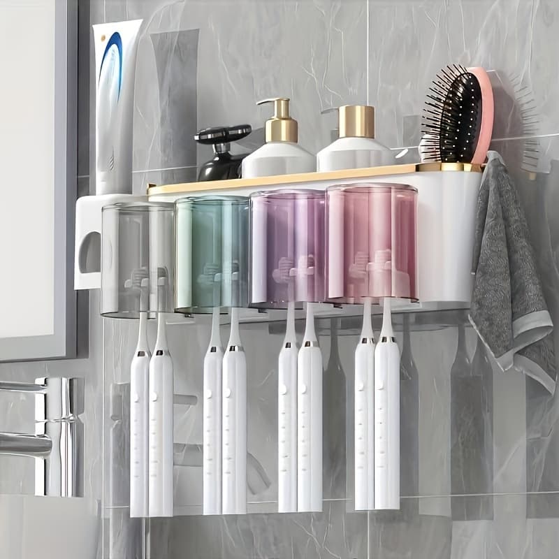 TEMU Wall-mounted Toothbrush Rack Featuring A Toothpaste Dispenser And A Holder For Toothbrushes, Designed To With An Included Cup