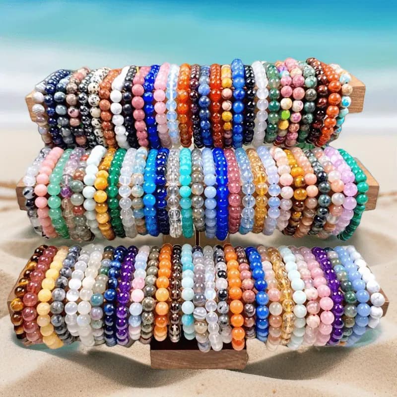 TEMU 49pcs Color Random Handmade Stone Bead Bracelet - Multiple Colors , 8mm Elastic Beads, Exquisite Style Valentine's Day Suitable