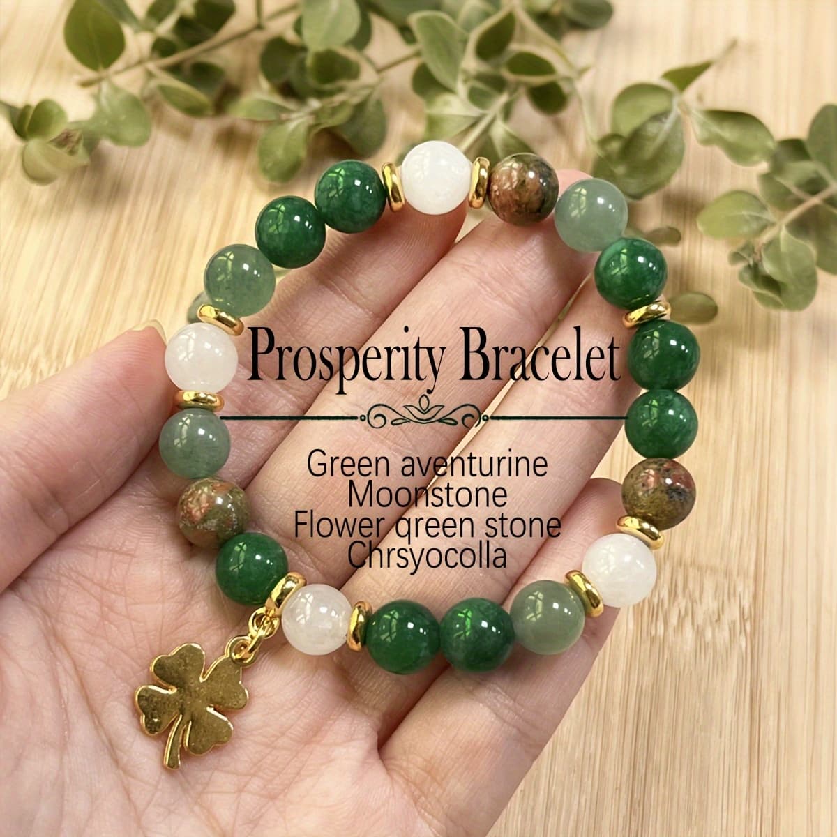 TEMU 1pc Of Green Aventurine And Bead Necklace Bracelet With Clover Charm, Natural Stone Fortune Jewelry, Vintage Bohemian Style, St Patrick's Day And Thanksgiving Gift, Unisex Elegant Accessories