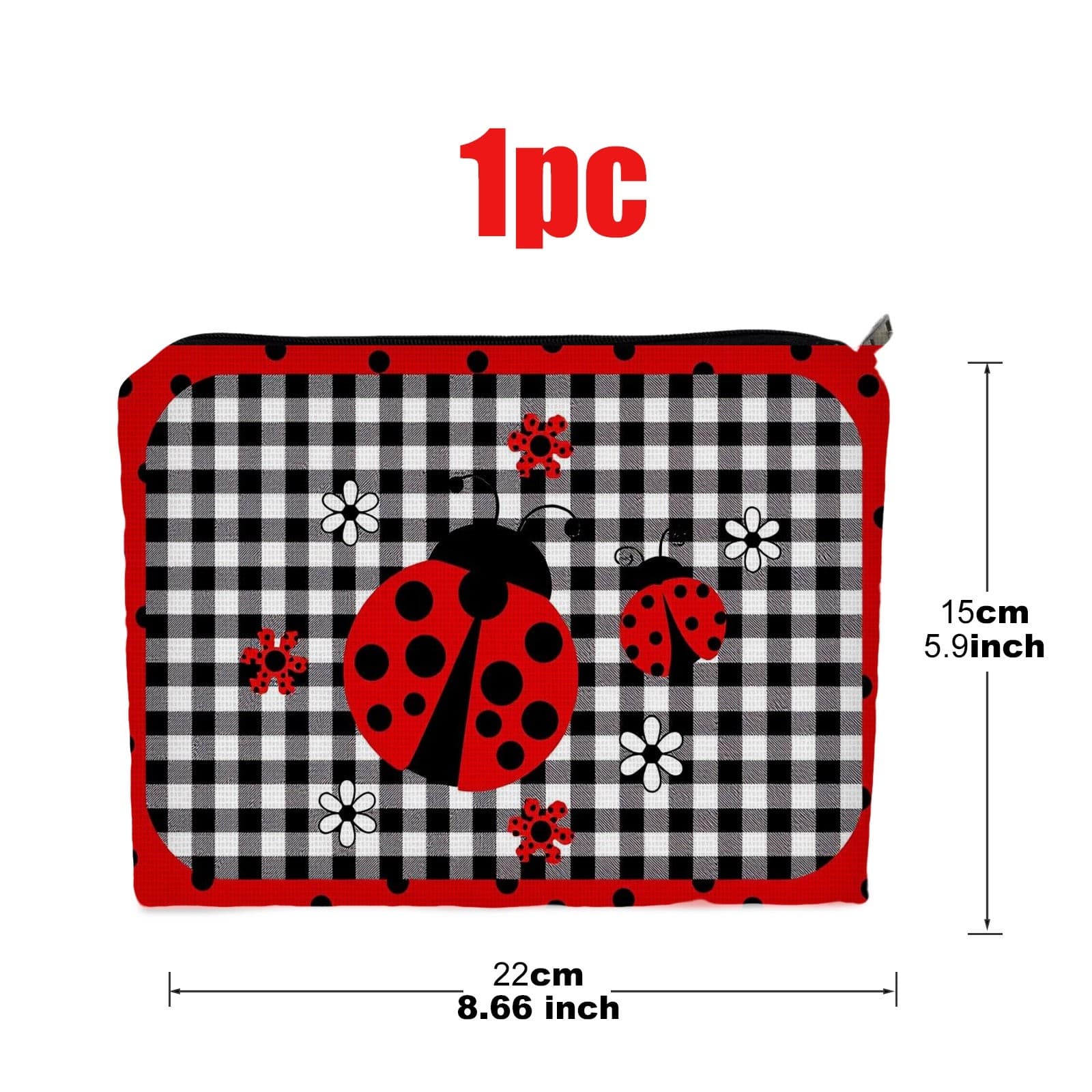 TEMU 1pc Double-sided Cosmetic Bag With Ladybug & Flower Print - Black-white Checkered & Red Border Suitable For Travel,, Daily Use, Portable Makeup Organizer, Toiletry Pouch, Stylish Ladybug For &