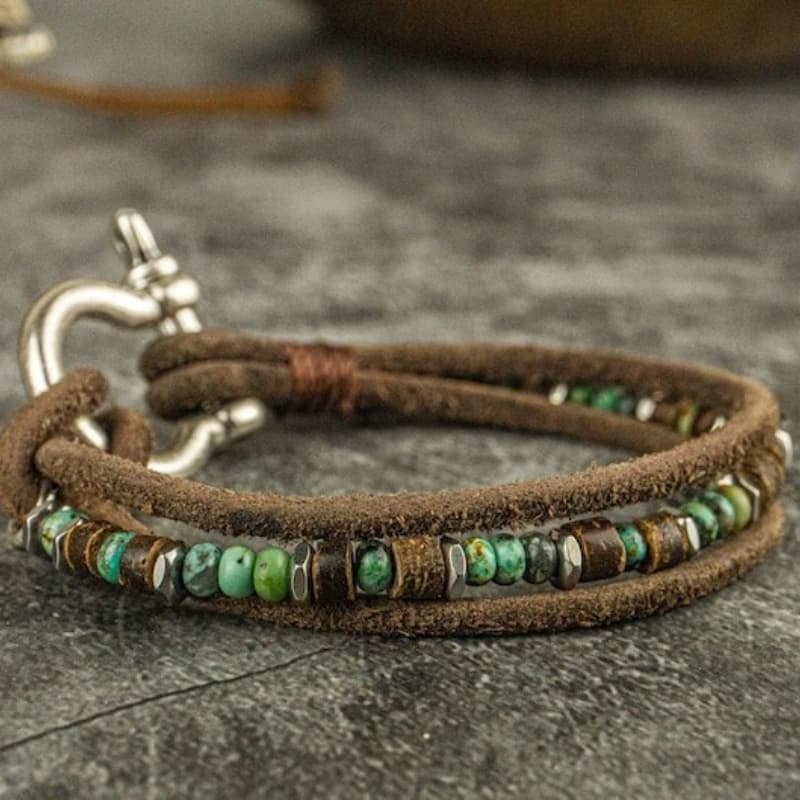 TEMU Bohemian Style Fashionable Men Bead And Leather Bracelet Layered Set